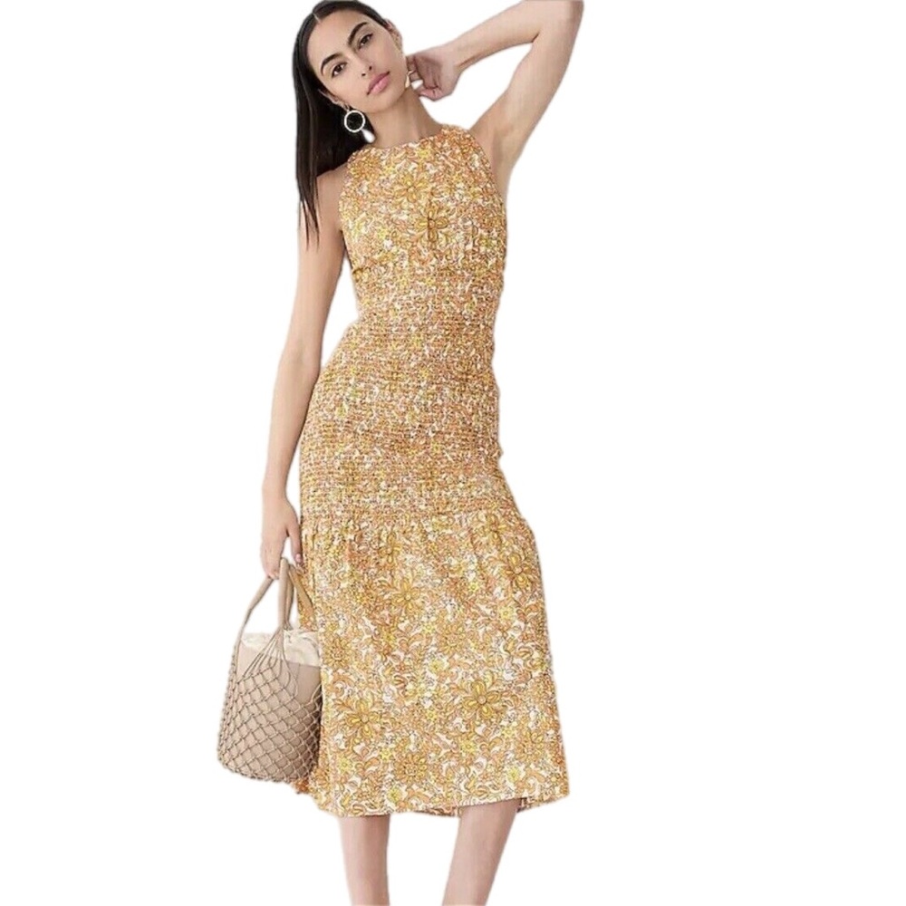 J. Crew Collection Smocked Cross-Back Dress in Medallion Floral In Size 4